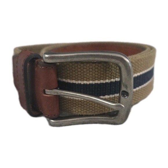 EVEN TIDE Belt Woven Fabric/Leather Trim Belt Tan & BLUE Sz 34 - Picture 1 of 4